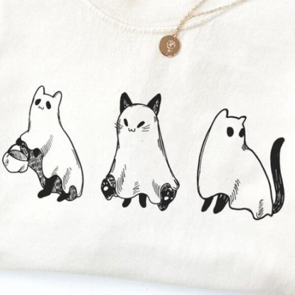 Halloween Ghost And Cats White Shirt - Picture 2 of 4